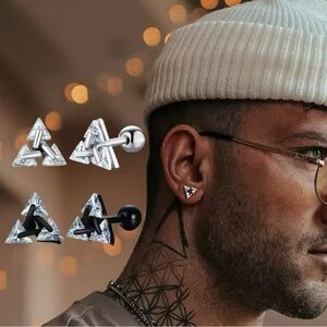 Men Stud Earring ,Triangle Pierced Crystal Zircon Stud